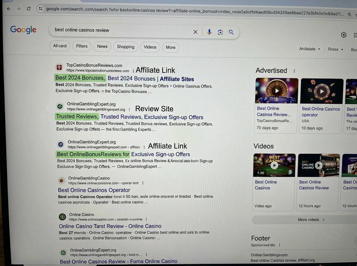 Search engine and affiliate site path directing players to offshore casino operators