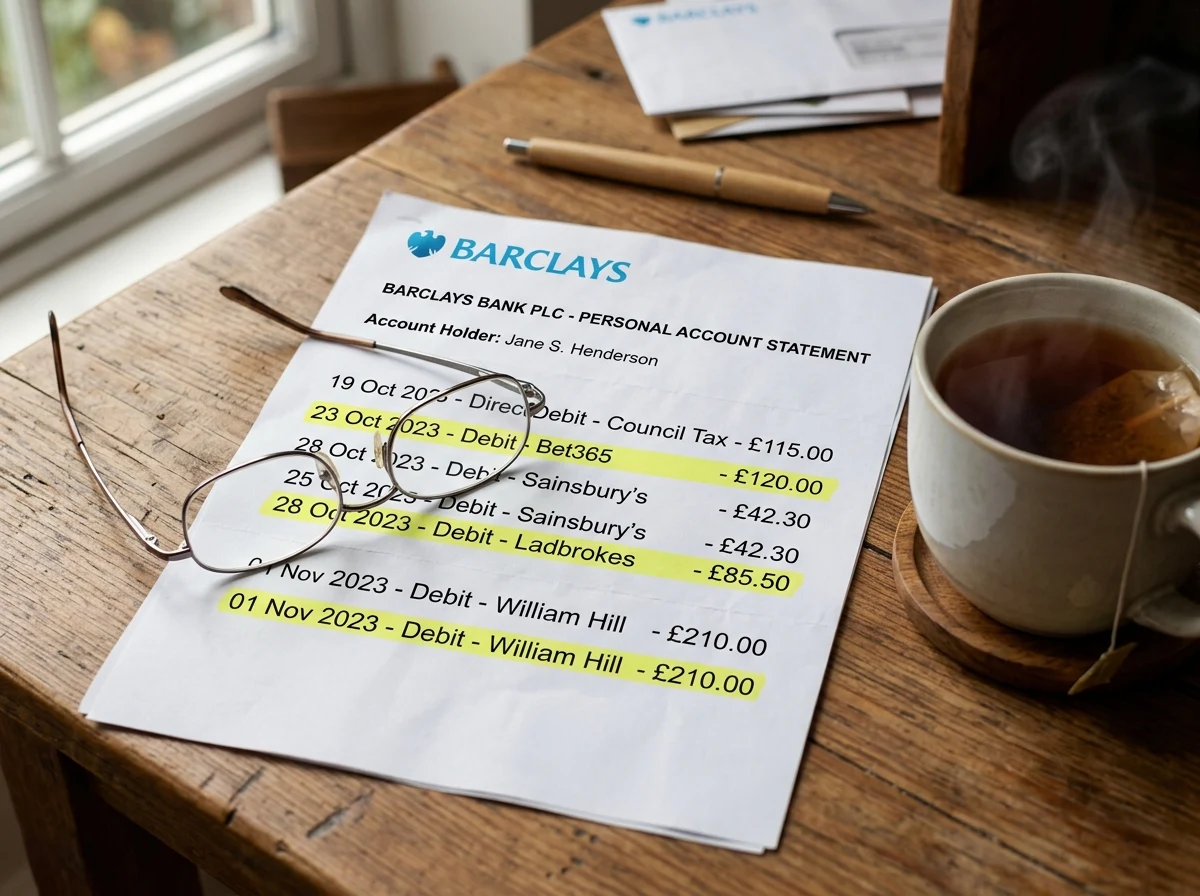 Bank statement review identifying unfamiliar gambling operator transactions