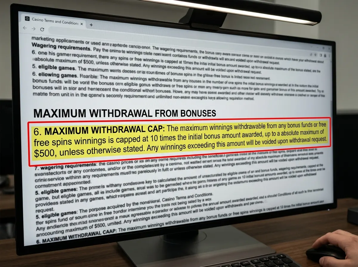 Casino bonus maximum withdrawal cap limiting actual player winnings