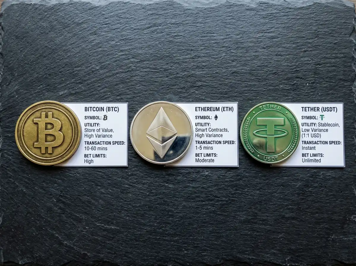 Bitcoin Ethereum and USDT stablecoin comparison for crypto casino transactions