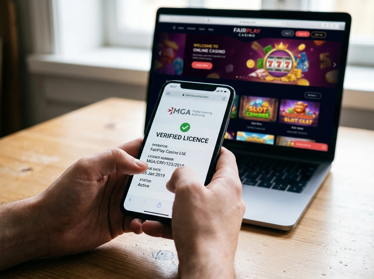 Player verifying online casino licence credentials on screen
