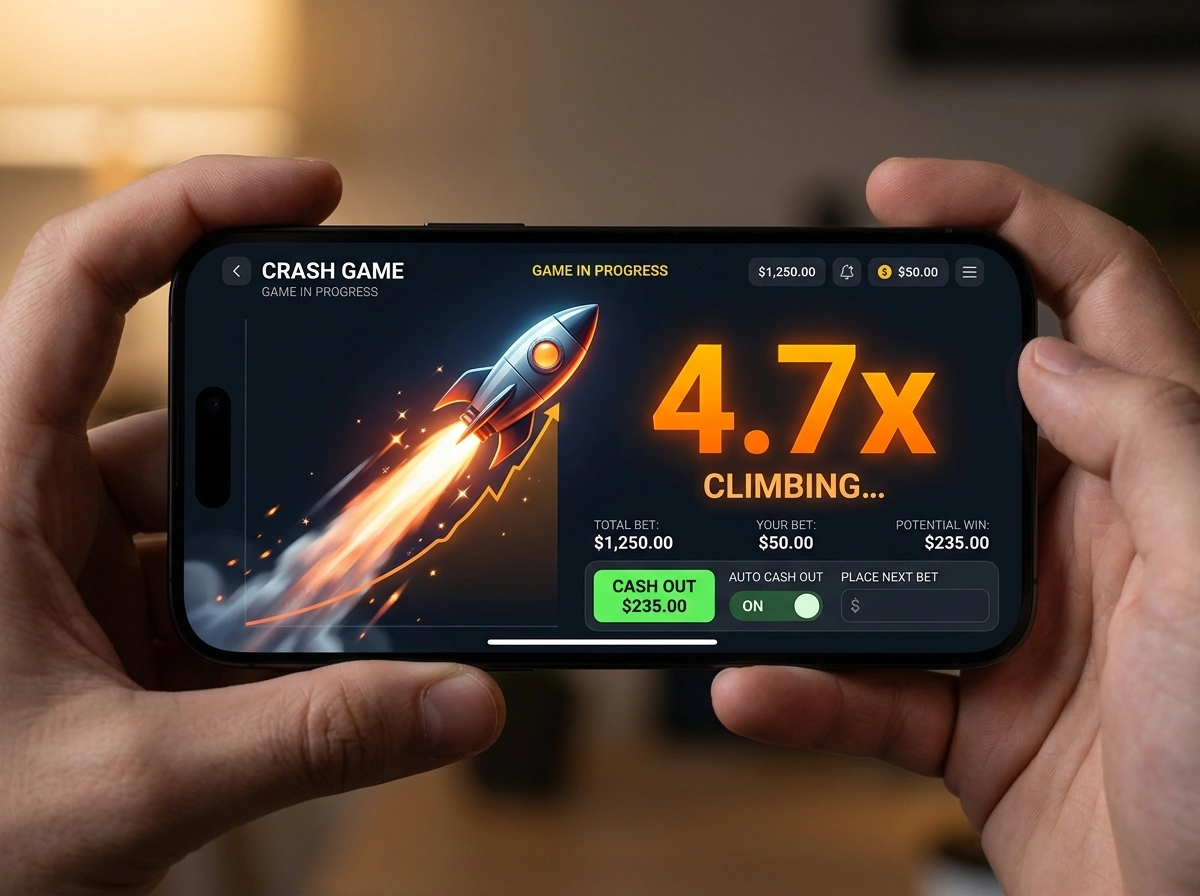 Crash game interface showing rising multiplier with cash-out decision moment