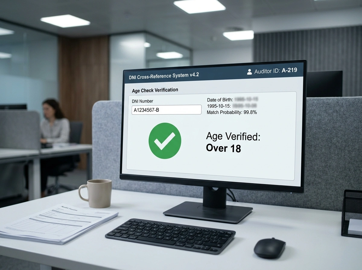 DNI number cross-referenced against Spain identity databases for age verification