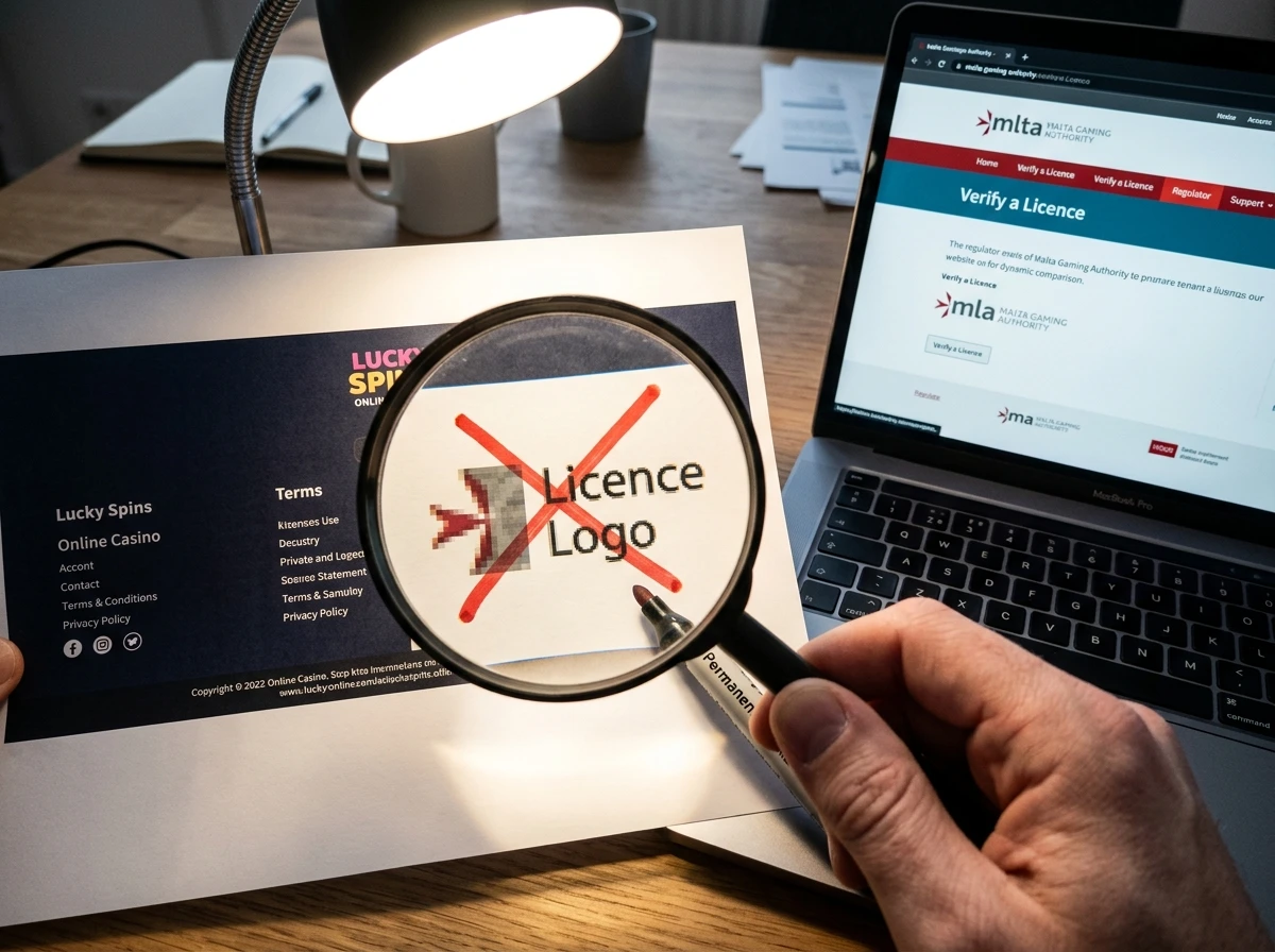 Red flags indicating fake or expired casino licence logos and template-based scam sites