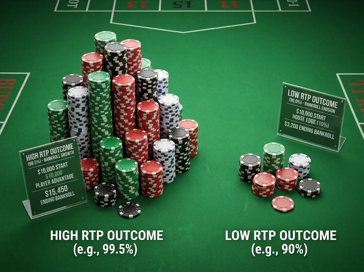 House edge impact on player bankroll showing difference between 96 and 94 percent RTP