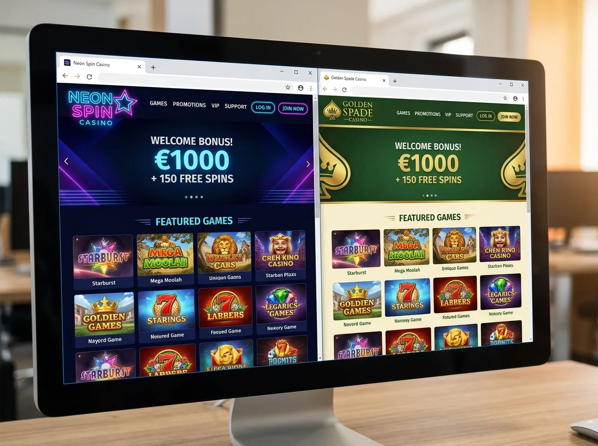 Side-by-side comparison of identical casino site templates with different branding