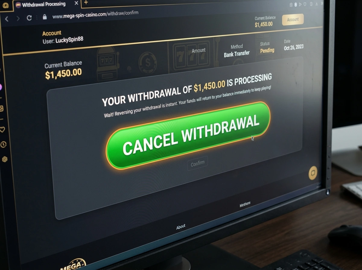 Reverse withdrawal feature with predatory design encouraging players to cancel cashout