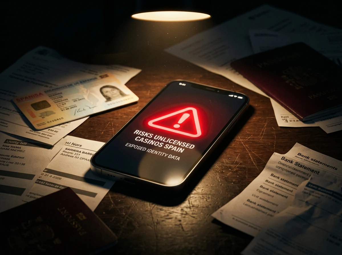 Risks of playing at unlicensed casinos in Spain showing identity theft and fraud warning indicators