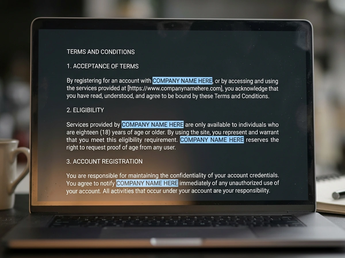 Script casino boilerplate terms and conditions with placeholder text visible