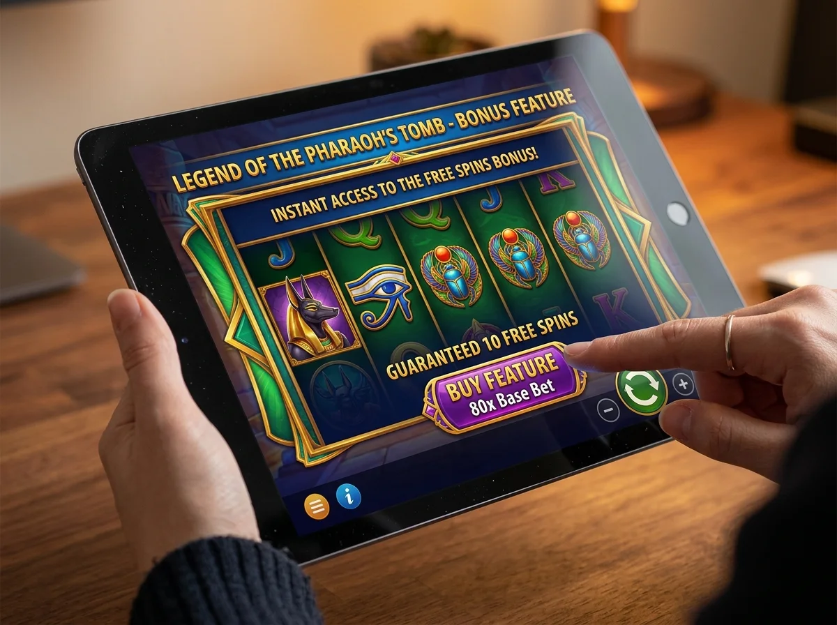 Slot game bonus round purchase screen showing Bonus Buy feature activation
