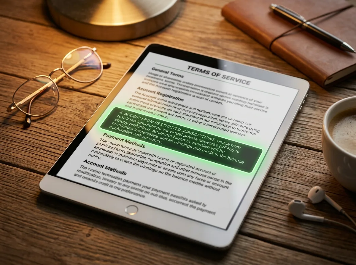 Casino terms of service allowing winnings confiscation upon VPN detection